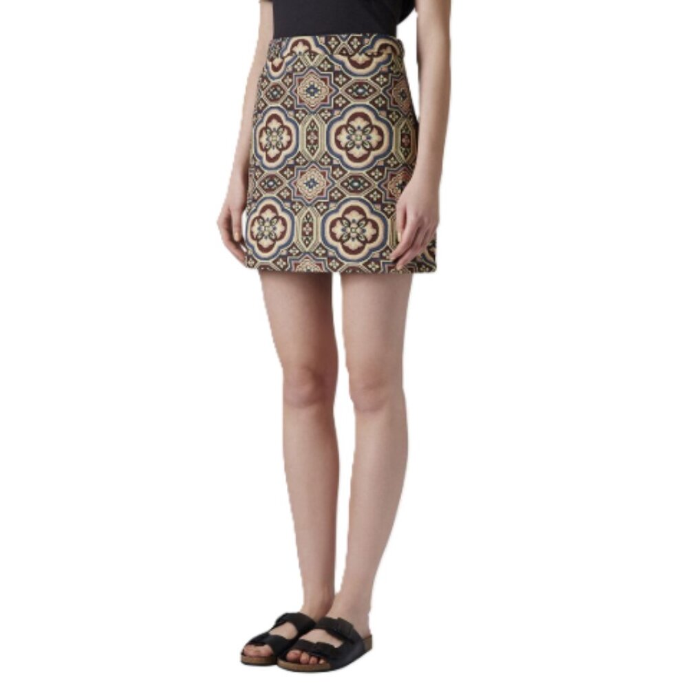 Patterned Tile-Print Mini Skirt in Beige and Brown
